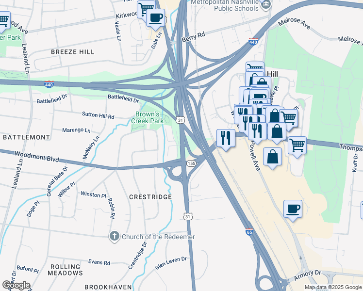 map of restaurants, bars, coffee shops, grocery stores, and more near in Nashville