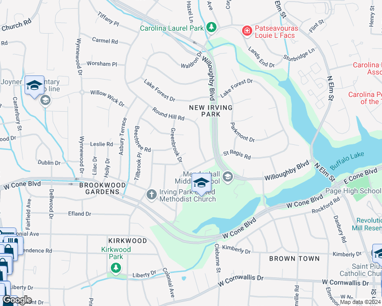 map of restaurants, bars, coffee shops, grocery stores, and more near 1 Greenbrook Court in Greensboro