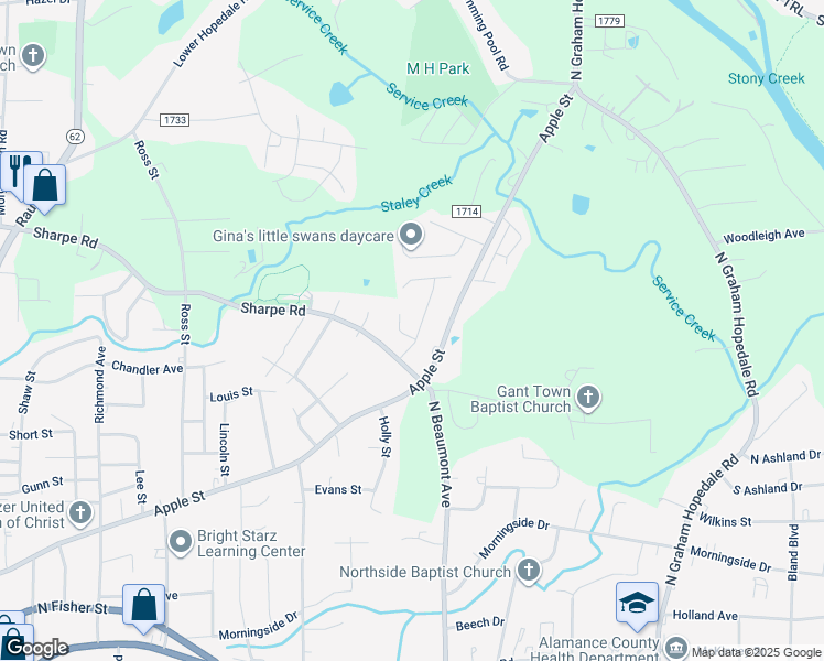 map of restaurants, bars, coffee shops, grocery stores, and more near 1418 Duggins Drive in Burlington