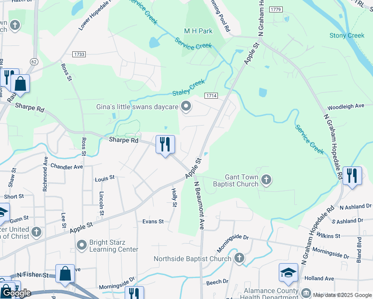 map of restaurants, bars, coffee shops, grocery stores, and more near 1418 Duggins Drive in Burlington