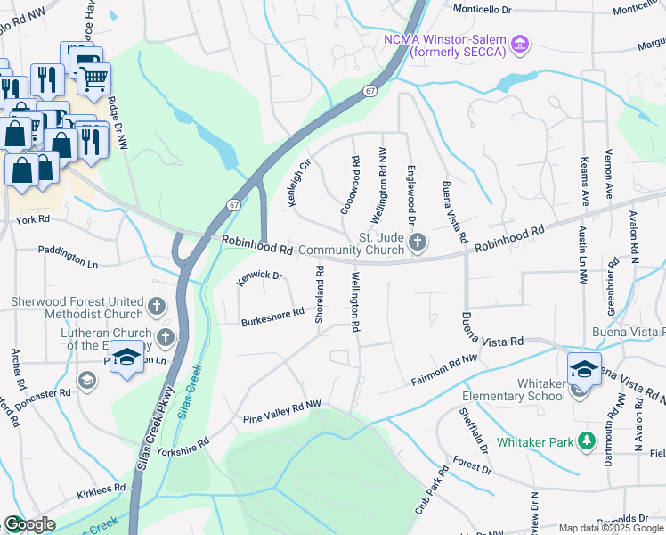 map of restaurants, bars, coffee shops, grocery stores, and more near 2912 Robinhood Road in Winston-Salem