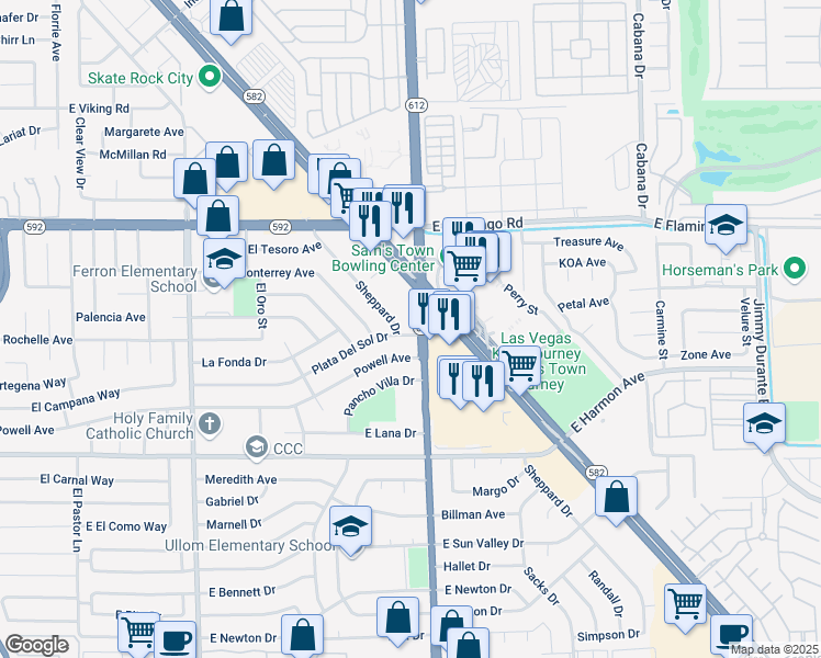 map of restaurants, bars, coffee shops, grocery stores, and more near 4980 Powell Avenue in Las Vegas