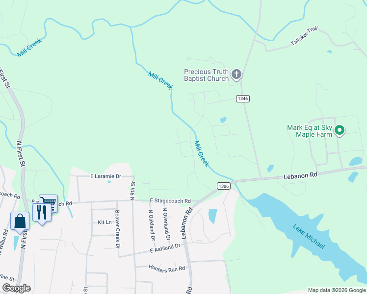 map of restaurants, bars, coffee shops, grocery stores, and more near 1201 Broad Oak Drive in Mebane