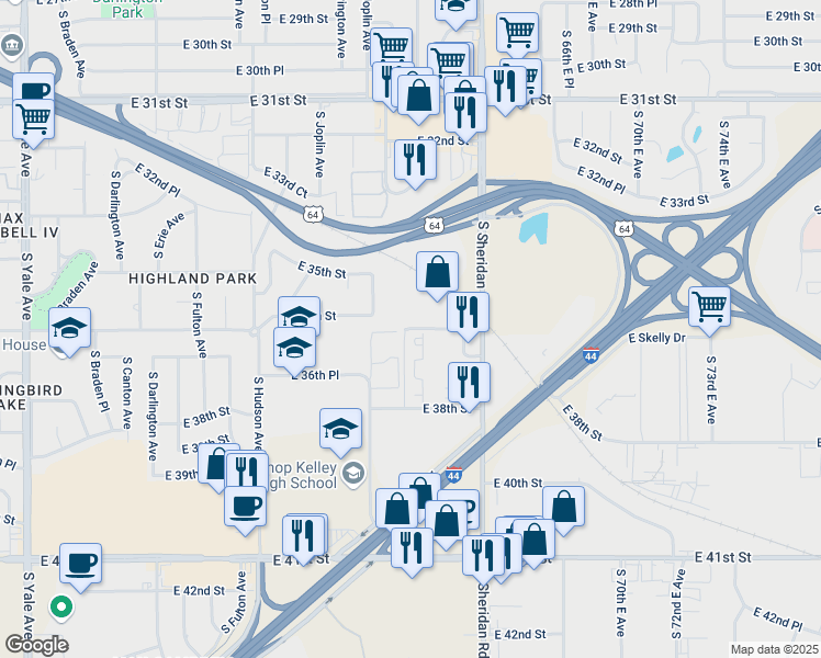 map of restaurants, bars, coffee shops, grocery stores, and more near 6208 East 36th Street in Tulsa