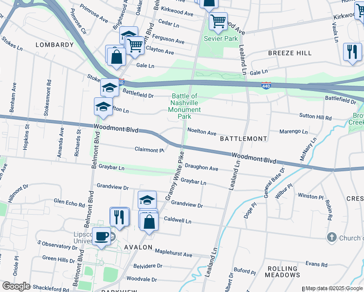map of restaurants, bars, coffee shops, grocery stores, and more near Granny White Pike & Woodmont Blvd in Nashville