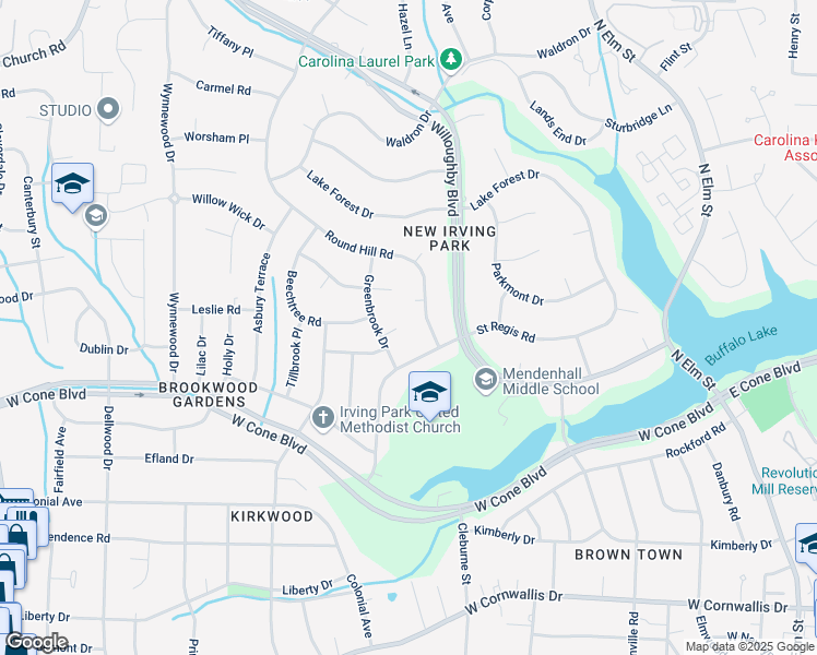 map of restaurants, bars, coffee shops, grocery stores, and more near 1 Greenbrook Court in Greensboro