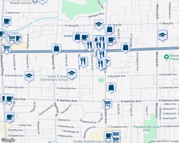 map of restaurants, bars, coffee shops, grocery stores, and more near 2165 East Rochelle Avenue in Las Vegas