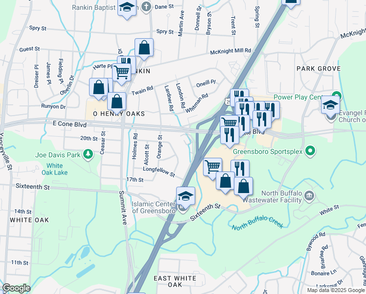 map of restaurants, bars, coffee shops, grocery stores, and more near 2815 North Ohenry Boulevard in Greensboro