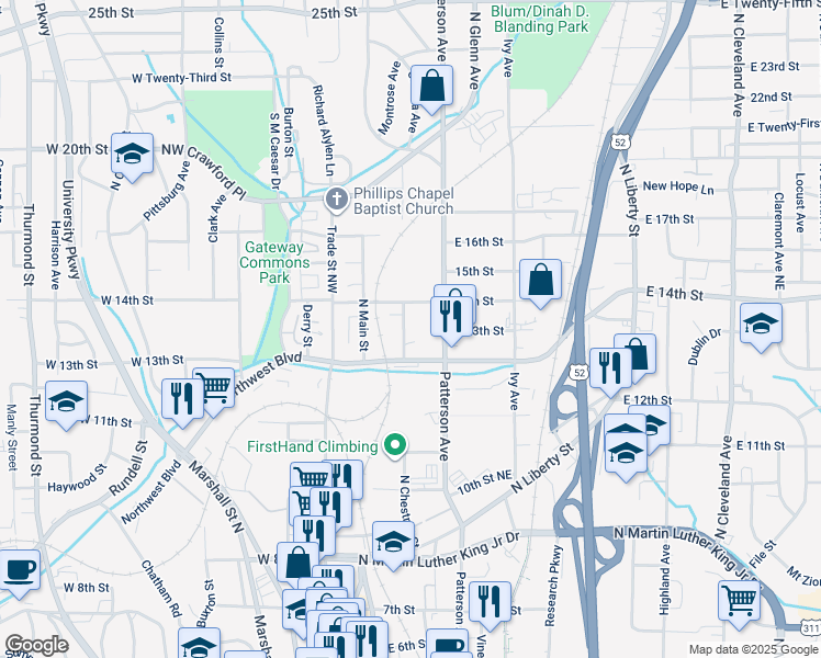 map of restaurants, bars, coffee shops, grocery stores, and more near 1300 Patterson Avenue in Winston-Salem