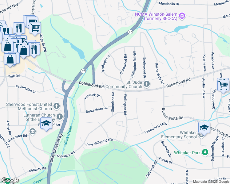 map of restaurants, bars, coffee shops, grocery stores, and more near 855 Shoreland Road in Winston-Salem