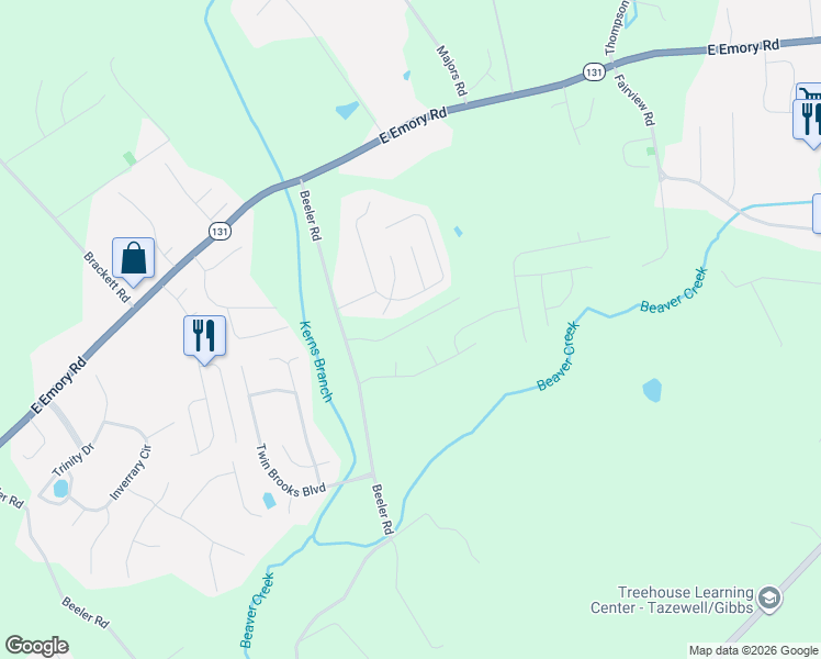 map of restaurants, bars, coffee shops, grocery stores, and more near 6848 Beeler Road in Knoxville