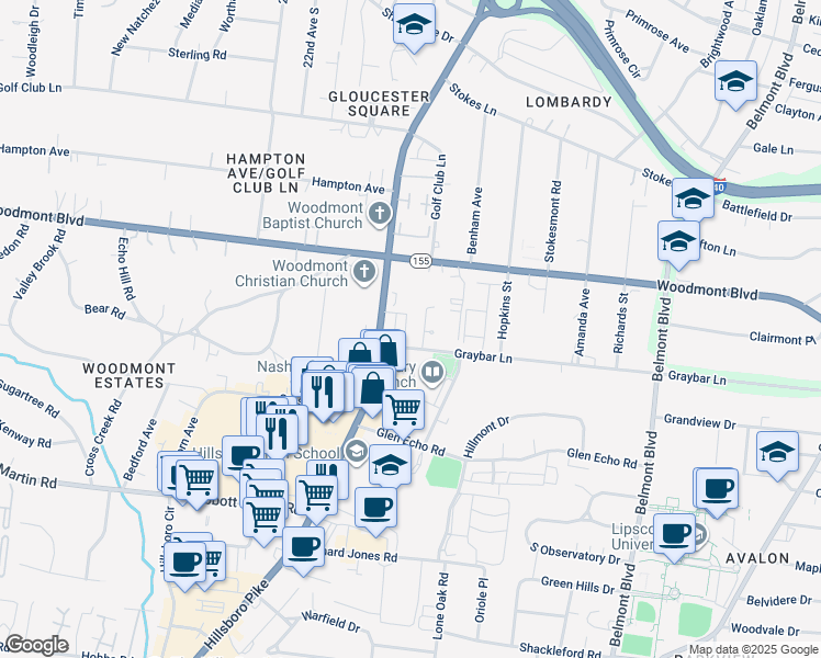 map of restaurants, bars, coffee shops, grocery stores, and more near 2097 Graybar Lane in Nashville