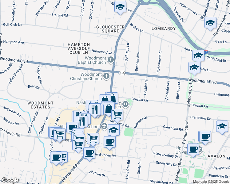 map of restaurants, bars, coffee shops, grocery stores, and more near in Nashville
