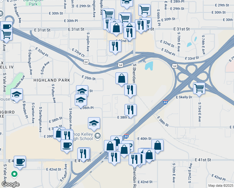map of restaurants, bars, coffee shops, grocery stores, and more near 6208 East 36th Street in Tulsa