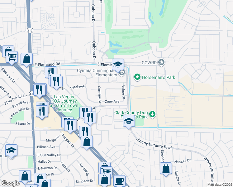 map of restaurants, bars, coffee shops, grocery stores, and more near 5502 Cinnamon Avenue in Las Vegas