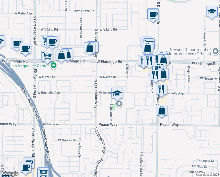 map of restaurants, bars, coffee shops, grocery stores, and more near 8884 West Rochelle Avenue in Las Vegas