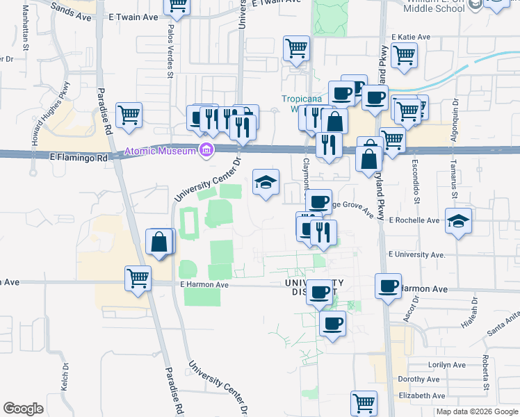 map of restaurants, bars, coffee shops, grocery stores, and more near 900 Cottage Grove Avenue in Las Vegas