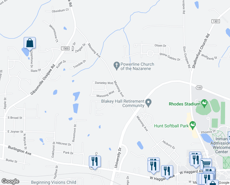 map of restaurants, bars, coffee shops, grocery stores, and more near 105 Manning Way in Elon