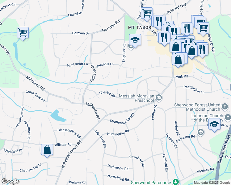 map of restaurants, bars, coffee shops, grocery stores, and more near 604 Braewyck Lane in Winston-Salem