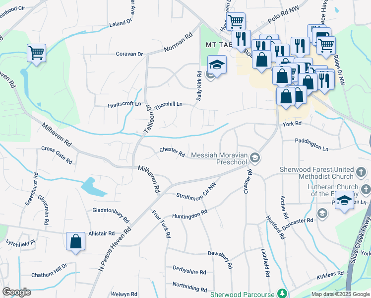 map of restaurants, bars, coffee shops, grocery stores, and more near 604 Braewyck Lane in Winston-Salem