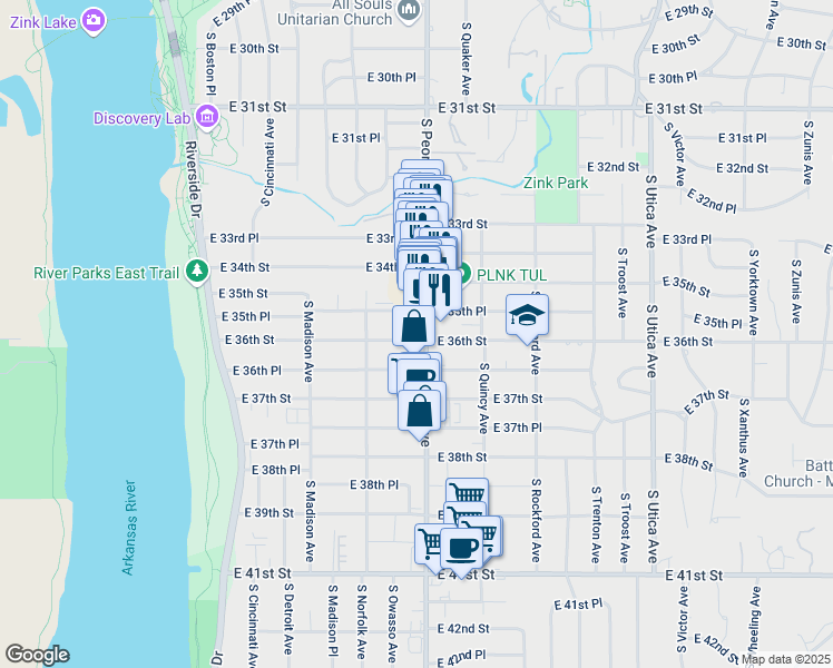 map of restaurants, bars, coffee shops, grocery stores, and more near 3550 South Peoria Avenue in Tulsa