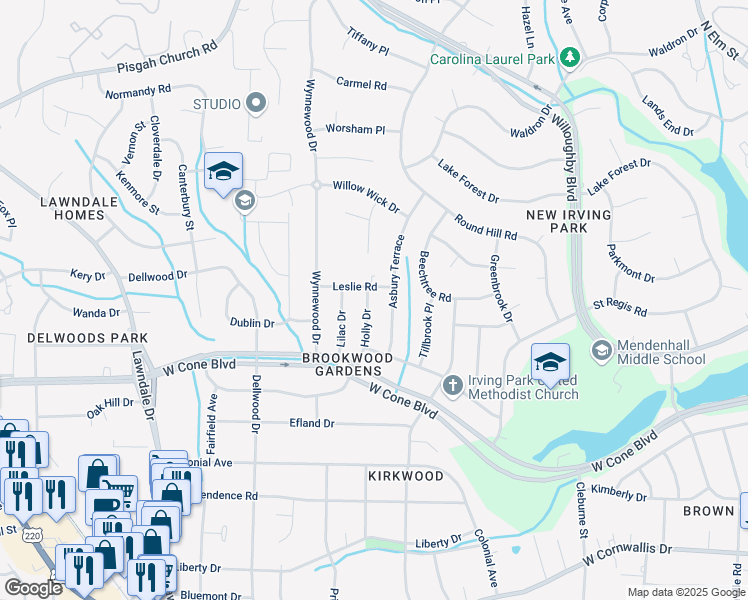 map of restaurants, bars, coffee shops, grocery stores, and more near 1700 Leslie Road in Greensboro