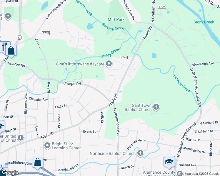 map of restaurants, bars, coffee shops, grocery stores, and more near 1422 Duggins Drive in Burlington
