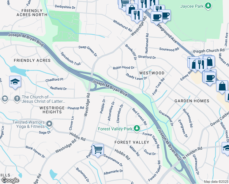 map of restaurants, bars, coffee shops, grocery stores, and more near 2102 Red Forest Road in Greensboro
