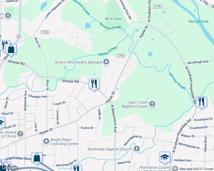 map of restaurants, bars, coffee shops, grocery stores, and more near 1422 Duggins Drive in Burlington