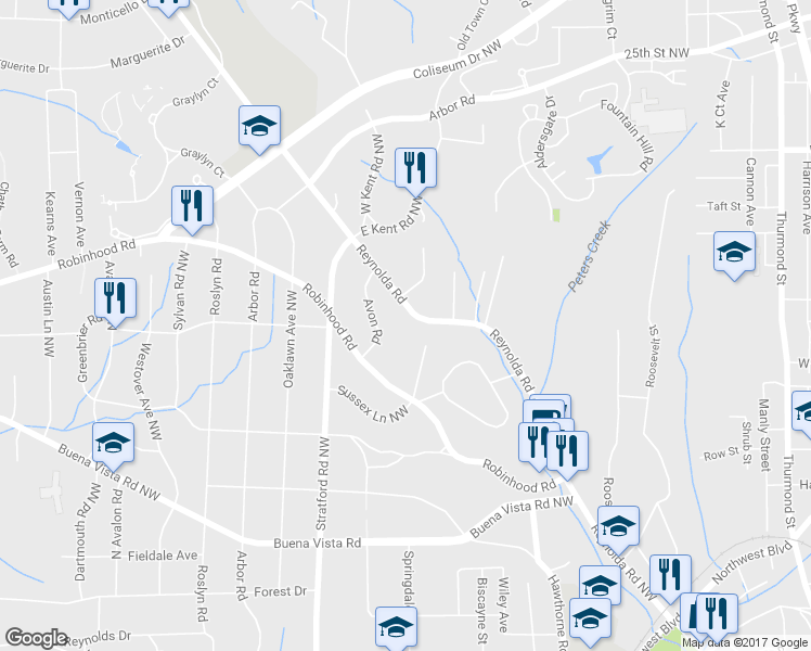 map of restaurants, bars, coffee shops, grocery stores, and more near 1408 Reynolda Road in Winston-Salem