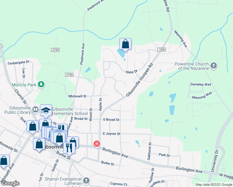 map of restaurants, bars, coffee shops, grocery stores, and more near 608 Brownstone Road in Gibsonville