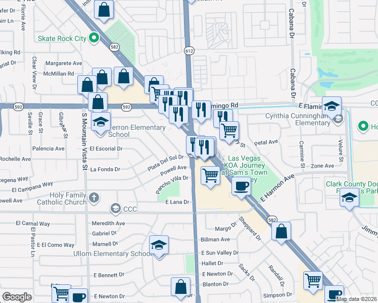 map of restaurants, bars, coffee shops, grocery stores, and more near in Sunrise Manor