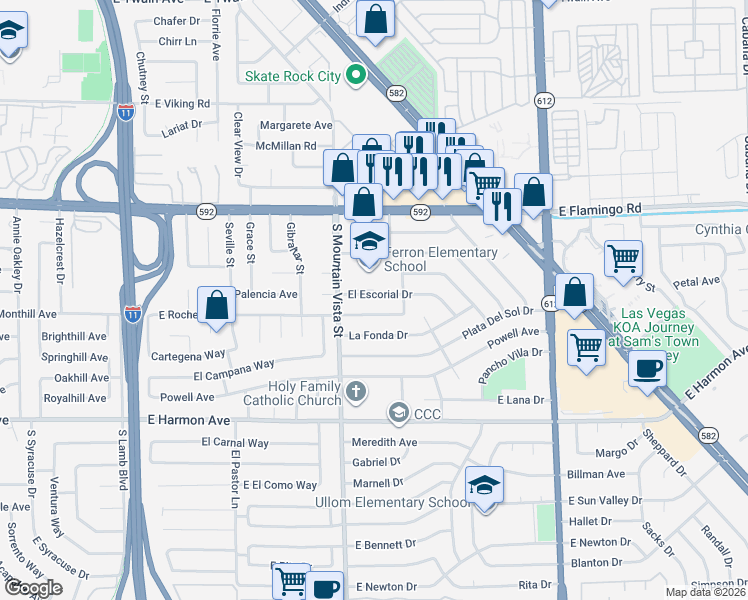 map of restaurants, bars, coffee shops, grocery stores, and more near 4200 South Mountain Vista Street in Las Vegas