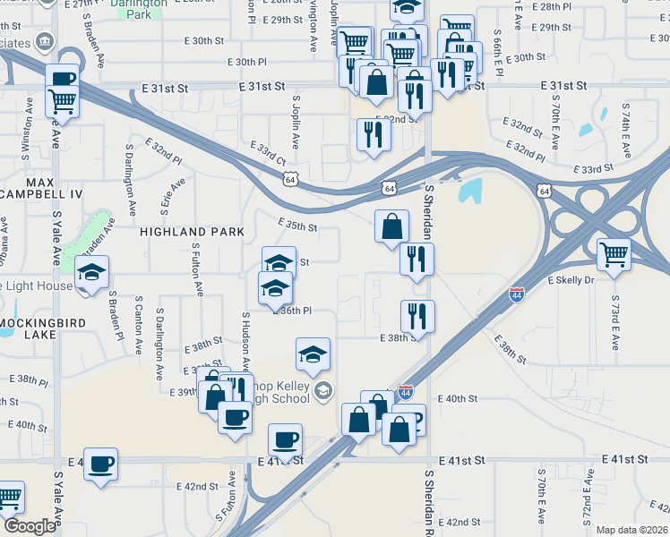 map of restaurants, bars, coffee shops, grocery stores, and more near 3527 South Lakewood Avenue in Tulsa