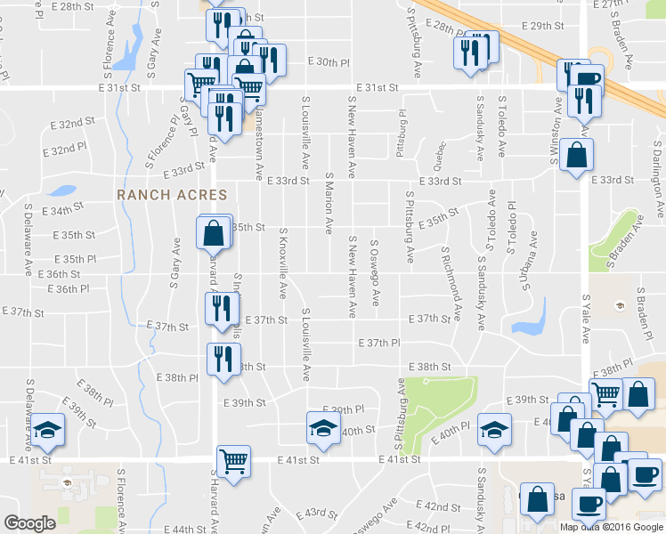 map of restaurants, bars, coffee shops, grocery stores, and more near 3524 South New Haven Avenue in Tulsa