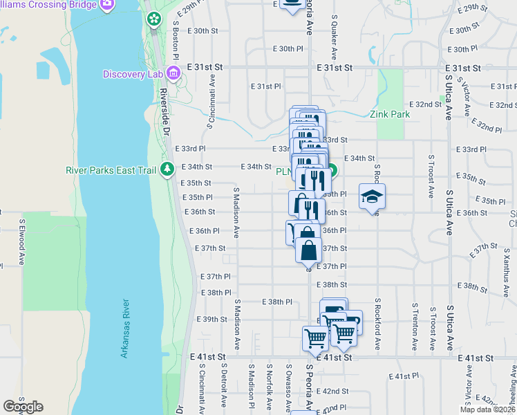 map of restaurants, bars, coffee shops, grocery stores, and more near 1031 East 35th Place in Tulsa