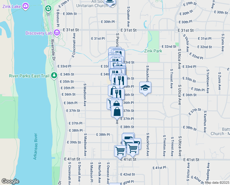 map of restaurants, bars, coffee shops, grocery stores, and more near 3550 South Peoria Avenue in Tulsa