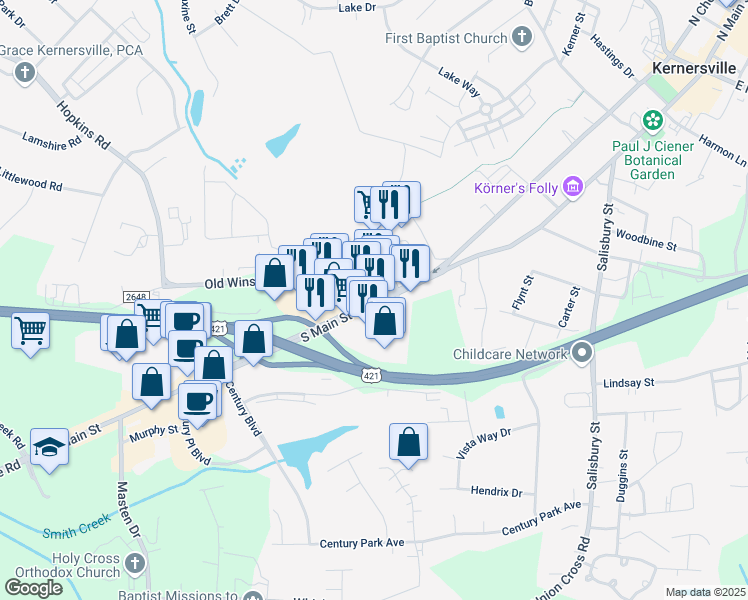 map of restaurants, bars, coffee shops, grocery stores, and more near South Main Street in Kernersville