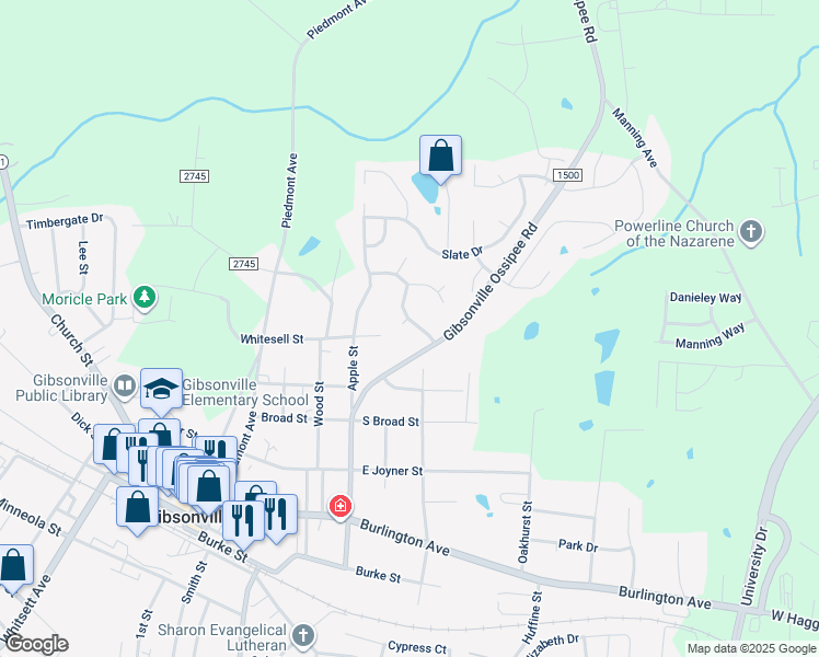 map of restaurants, bars, coffee shops, grocery stores, and more near 608 Brownstone Road in Gibsonville