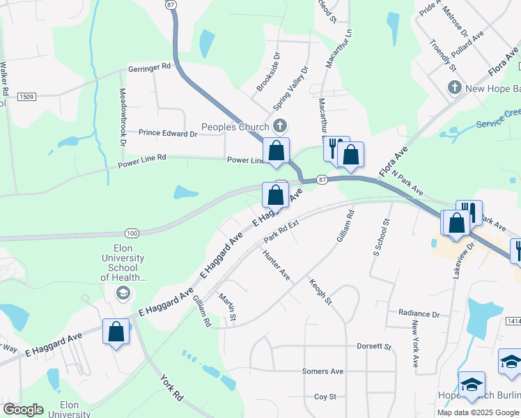 map of restaurants, bars, coffee shops, grocery stores, and more near 944 East Haggard Avenue in Elon