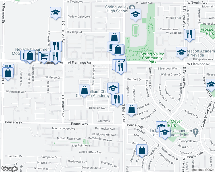 map of restaurants, bars, coffee shops, grocery stores, and more near 7885 West Flamingo Road in Las Vegas