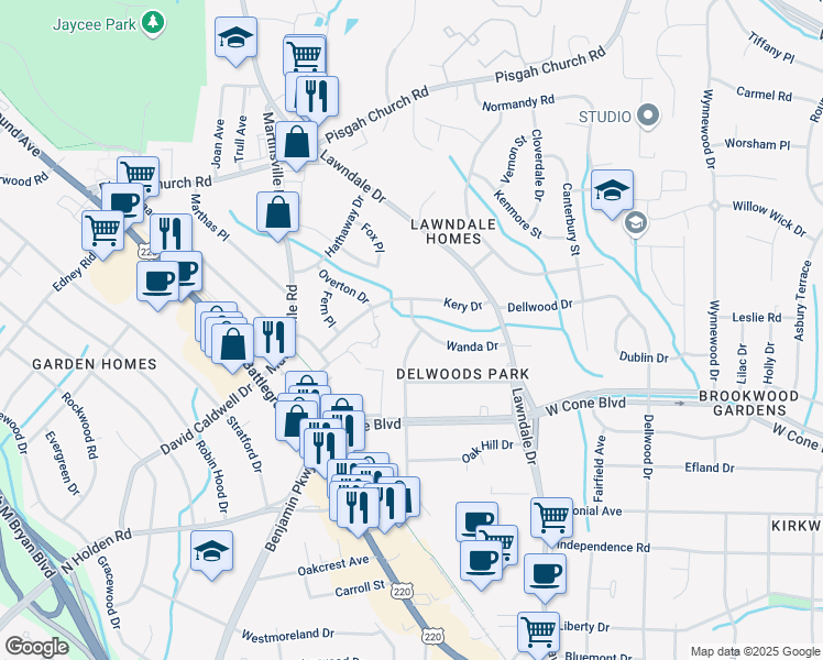 map of restaurants, bars, coffee shops, grocery stores, and more near 2215 Kery Drive in Greensboro