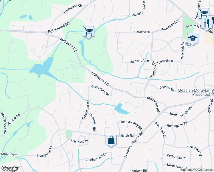map of restaurants, bars, coffee shops, grocery stores, and more near 3572 Milhaven Road in Winston-Salem