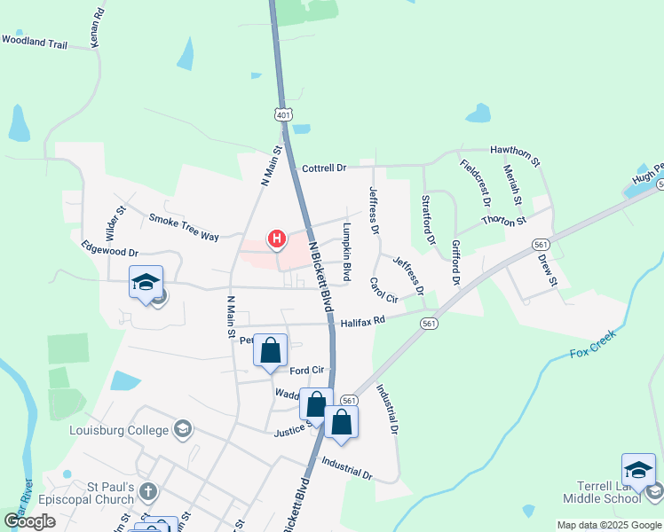 map of restaurants, bars, coffee shops, grocery stores, and more near James Avenue in Louisburg