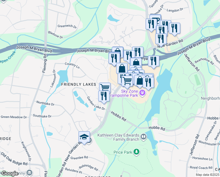 map of restaurants, bars, coffee shops, grocery stores, and more near 1571 New Garden Road in Greensboro