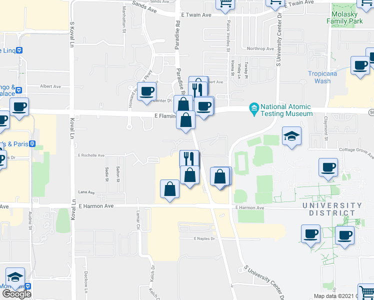map of restaurants, bars, coffee shops, grocery stores, and more near 4255 Paradise Road in Las Vegas