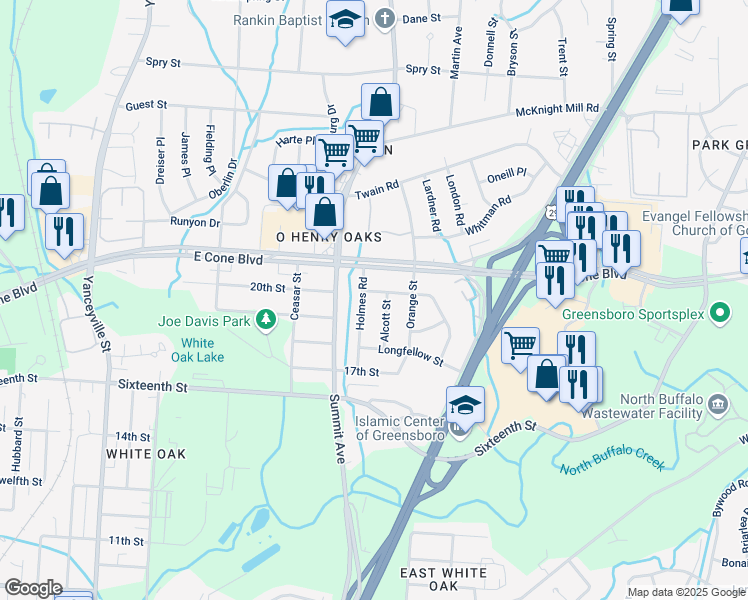 map of restaurants, bars, coffee shops, grocery stores, and more near 2903 Holmes Road in Greensboro