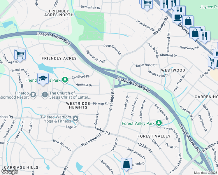 map of restaurants, bars, coffee shops, grocery stores, and more near 1600 Westridge Road in Greensboro