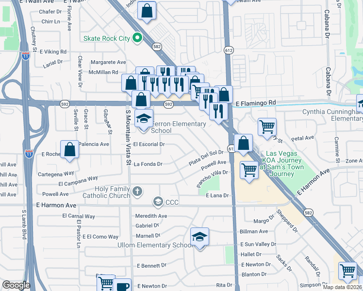 map of restaurants, bars, coffee shops, grocery stores, and more near 4785 San Sebastian Avenue in Las Vegas