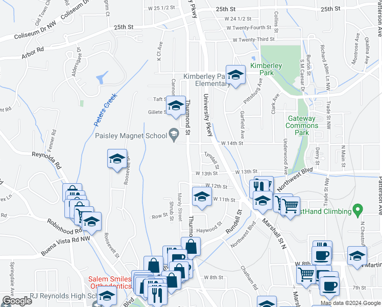 map of restaurants, bars, coffee shops, grocery stores, and more near 1335 Thurmond Street in Winston-Salem